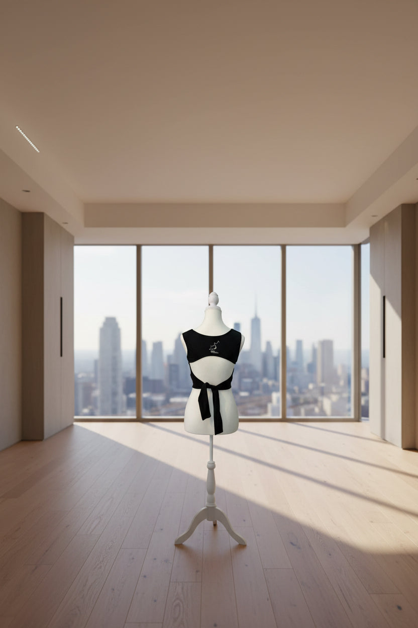 Black crop top with a decorative element on a mannequin against a gray background